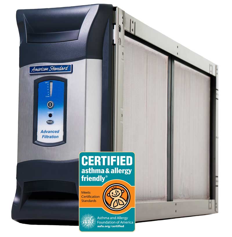 Indoor whole home air filtration from American Standard and sold by Total Services Heating and Air. Certified asthma and allergy friendly.